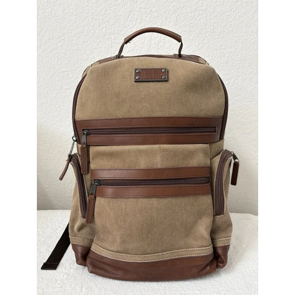 Renwick VTG Canvas Backpack Genuine Brown Leather Trim Multiple Pockets Utility